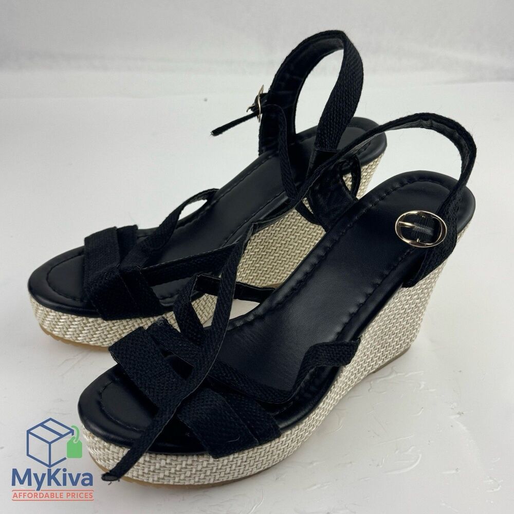 Wedge sandals espadrille black strappy platform women size EU 37 summer